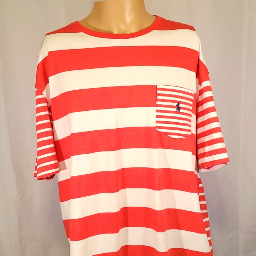 Polo Ralph Lauren XL Red/White Multi-Striped Oxford Tshirt w/Pocket
